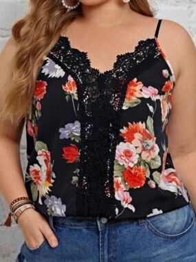🆕 Black Floral & Lace  Camisole Tank Top!!!   NEW!!! Plus Size 4X